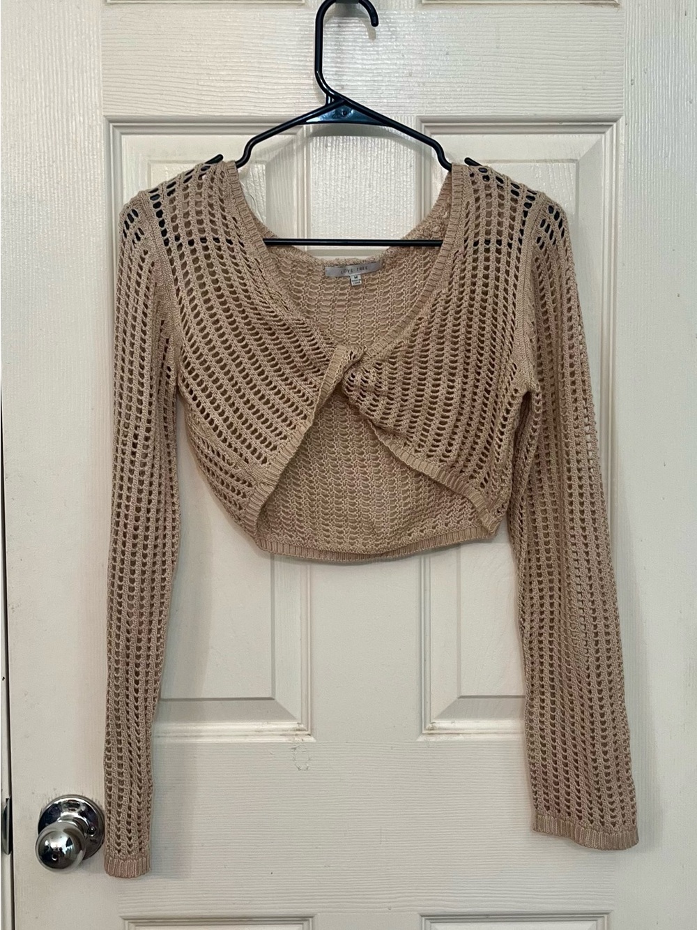 Love Tree Open Crochet Knit Crop Sweater Wrap Front Tan Size M PreLoved - Picture 7 of 7